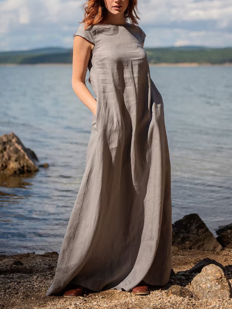Women's Casual Solid Linen A-Line Maxi Dress