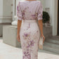 Floral Print Draped Neck Structured Pencil Midi Dress