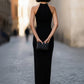 Halter Neck Ring-Detail V-Neck Column Maxi Dress