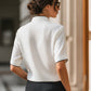 Contrast Trim Notch Collar Short Sleeve Blouse With Minimal Button Placket