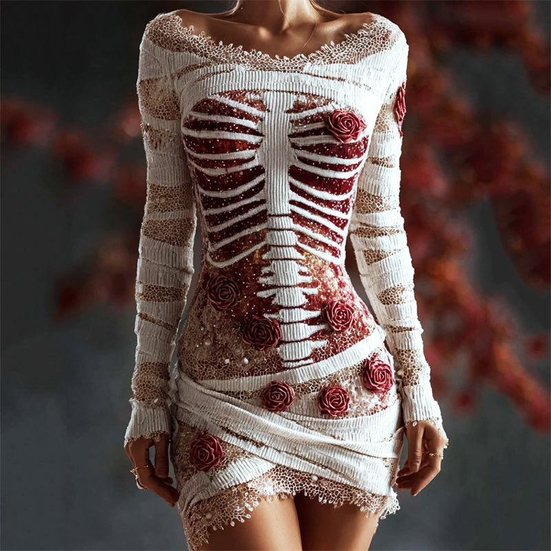 Halloween Bloody Red Roses Rib Cage Lace Comfy Mini Dress