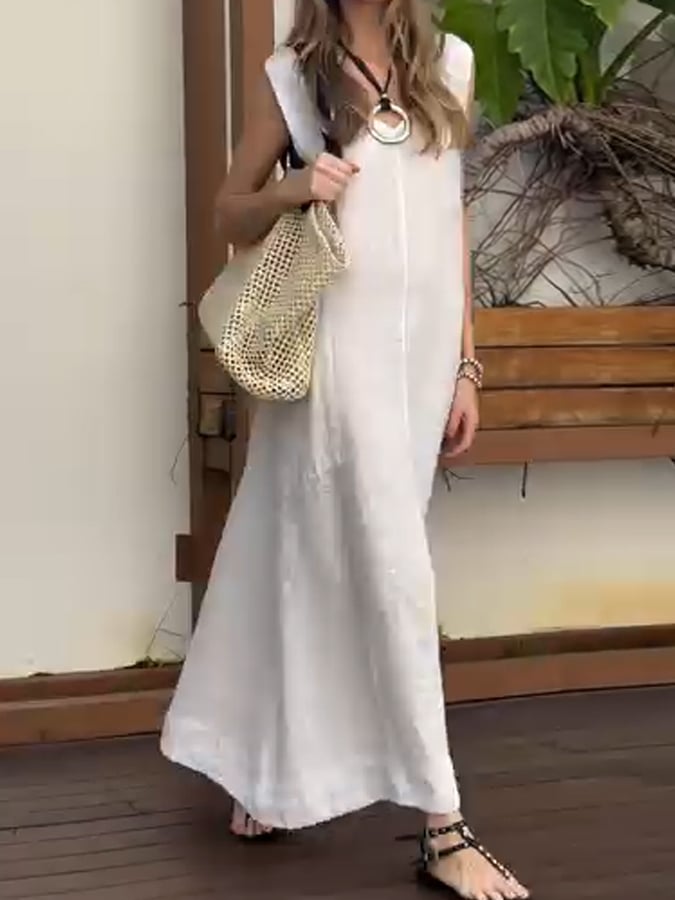 Women'S Casual Solid Color V-Neck Sleeveless Cotton And Linen Dress