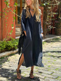 Women'S Casual Solid Color V-Neck Cotton And Linen Dress