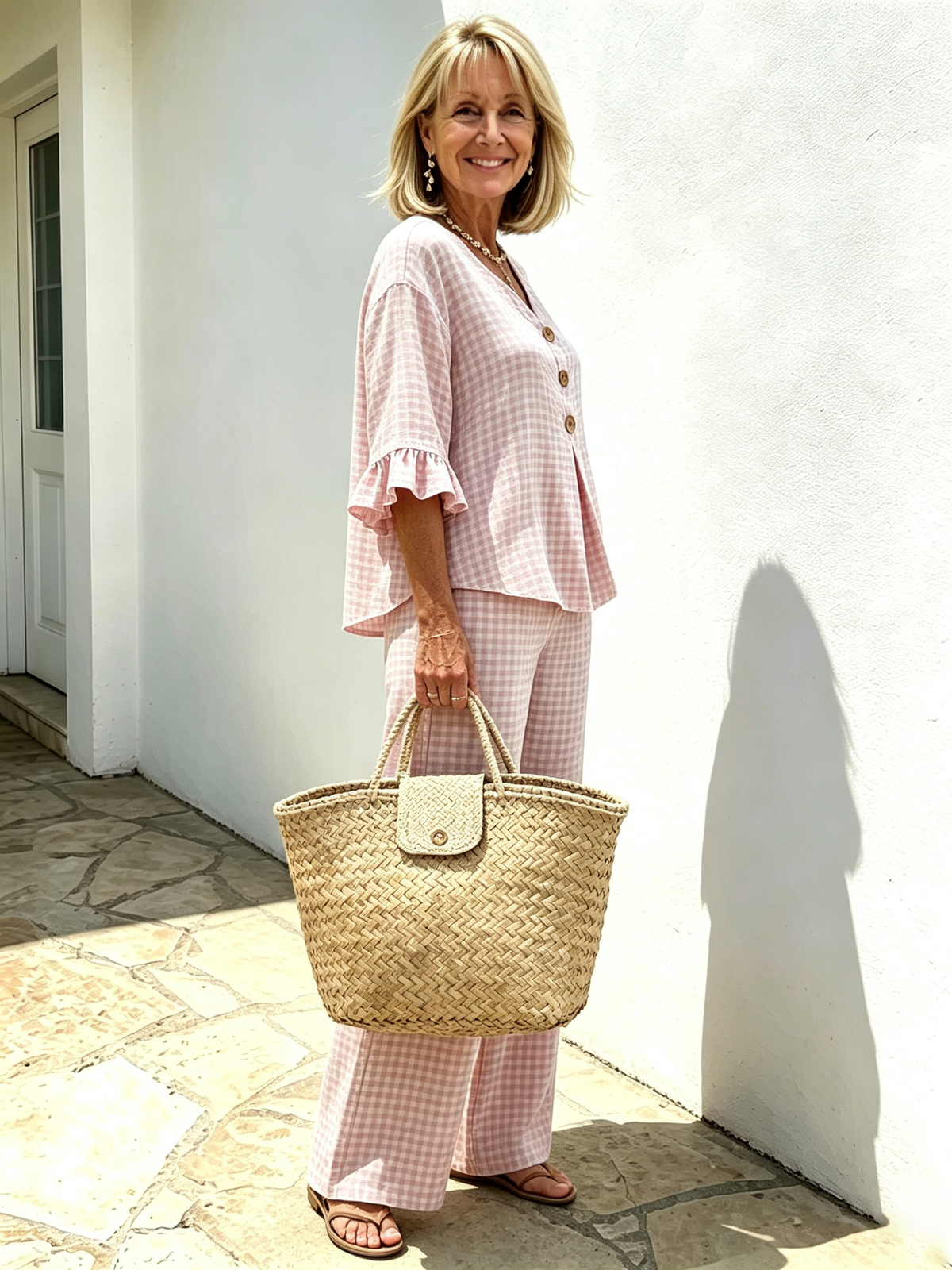 Women Elegant Linen Blend Plaid Two-Piece Casual Pant Set, Woven Textured Gingham Check Pattern Matching Outfit, Notch V-Neck Three Wooden Button Front Top With Ruffle Flared 7/4 Length Bell Flounce Sleeves, Loose High Waist Wide Leg Full Length Trousers