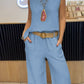 Women's Casual Solid Color Round Neck Vest Trousers Cotton and Linen Two-piece Set