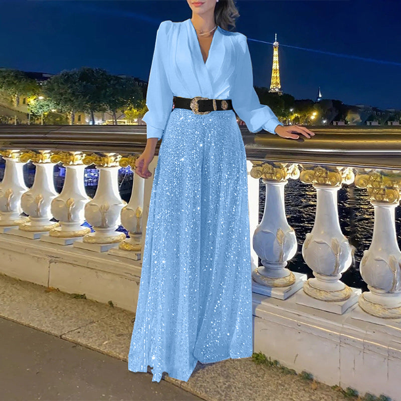Stylish V-Neck Long Sleeve Shirt & Sequin Wide Leg Pants Set (Buy 2 Free Shipping)