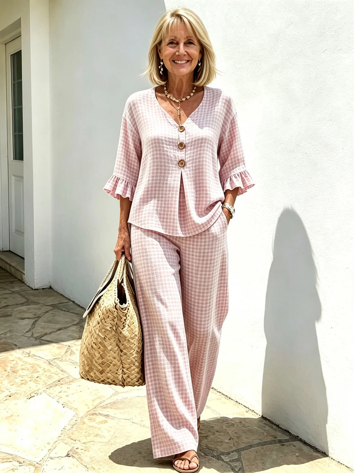 Women Elegant Linen Blend Plaid Two-Piece Casual Pant Set, Woven Textured Gingham Check Pattern Matching Outfit, Notch V-Neck Three Wooden Button Front Top With Ruffle Flared 7/4 Length Bell Flounce Sleeves, Loose High Waist Wide Leg Full Length Trousers