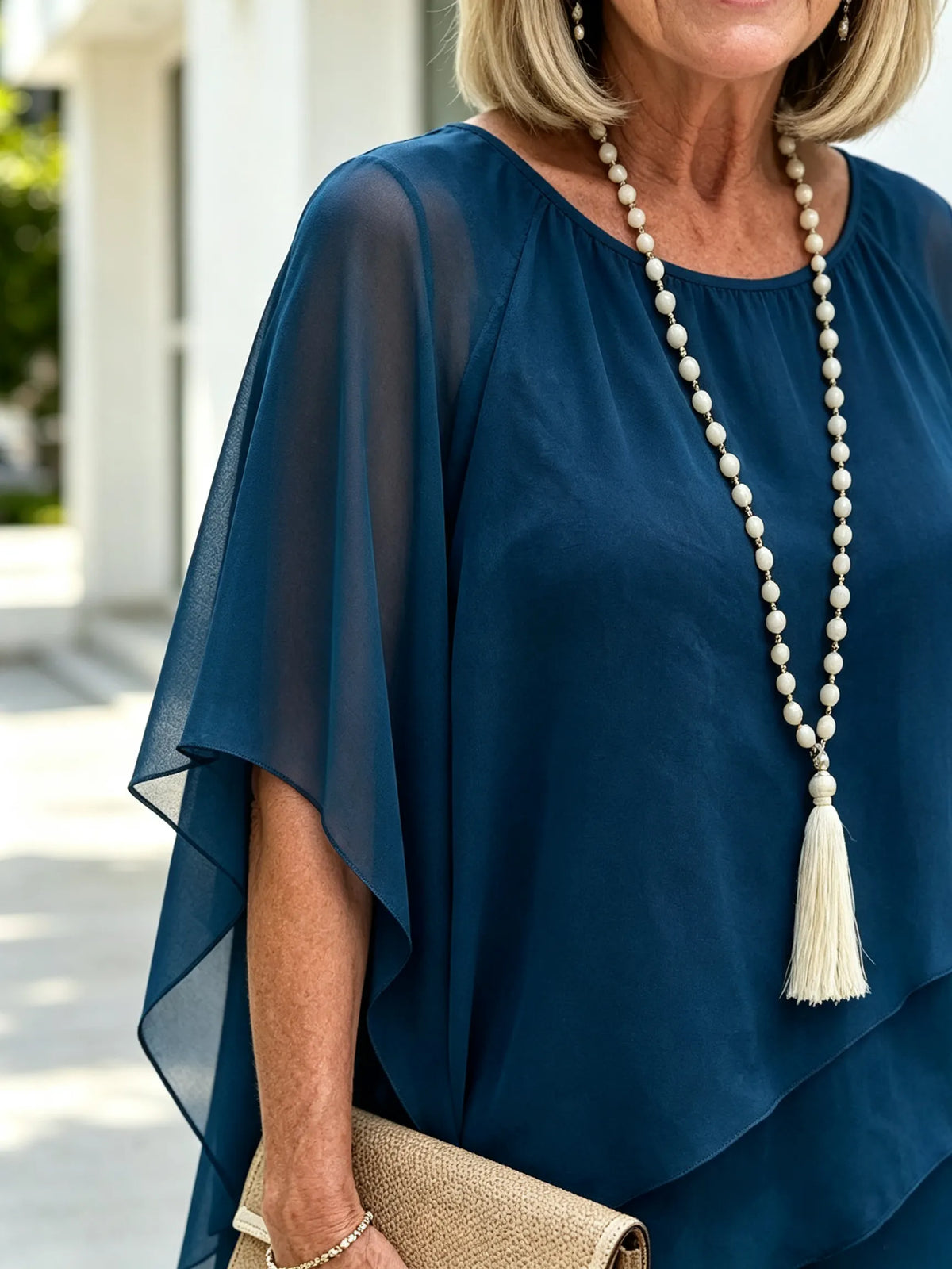 2 Piece Pant Set, Round Neck Keyhole Cutout Chiffon Cape Top, Irregular Layered Hem, Loose Flowy Batwing Sleeves, High Waist Straight Wide Leg Trousers, Lightweight Sheer Fabric, Elegant Outfit Set for Wedding Guest and Formal Occasions