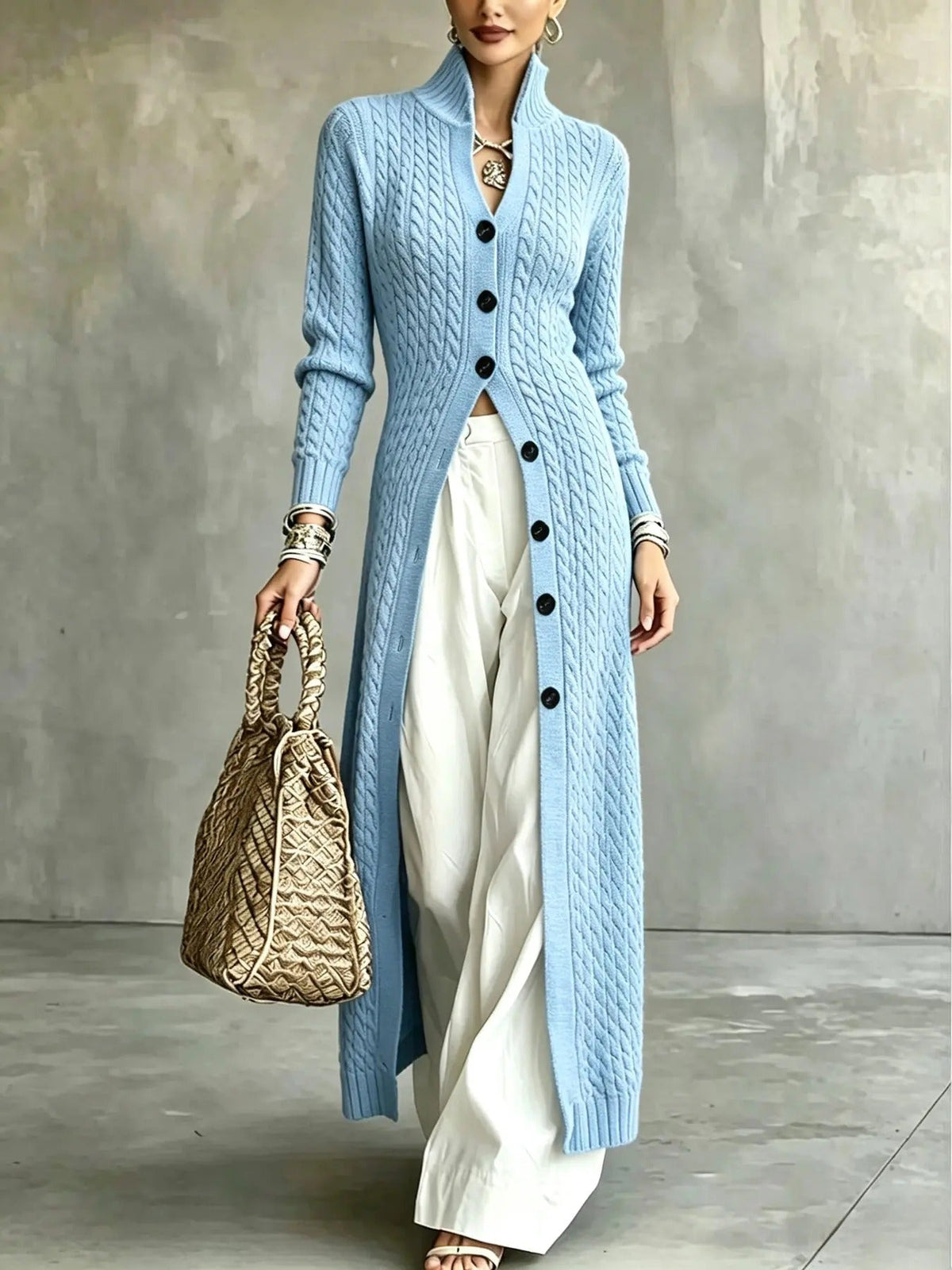Limited time sale🔥Women's Stand Collar Single Button Cable Knit Long Cardigan