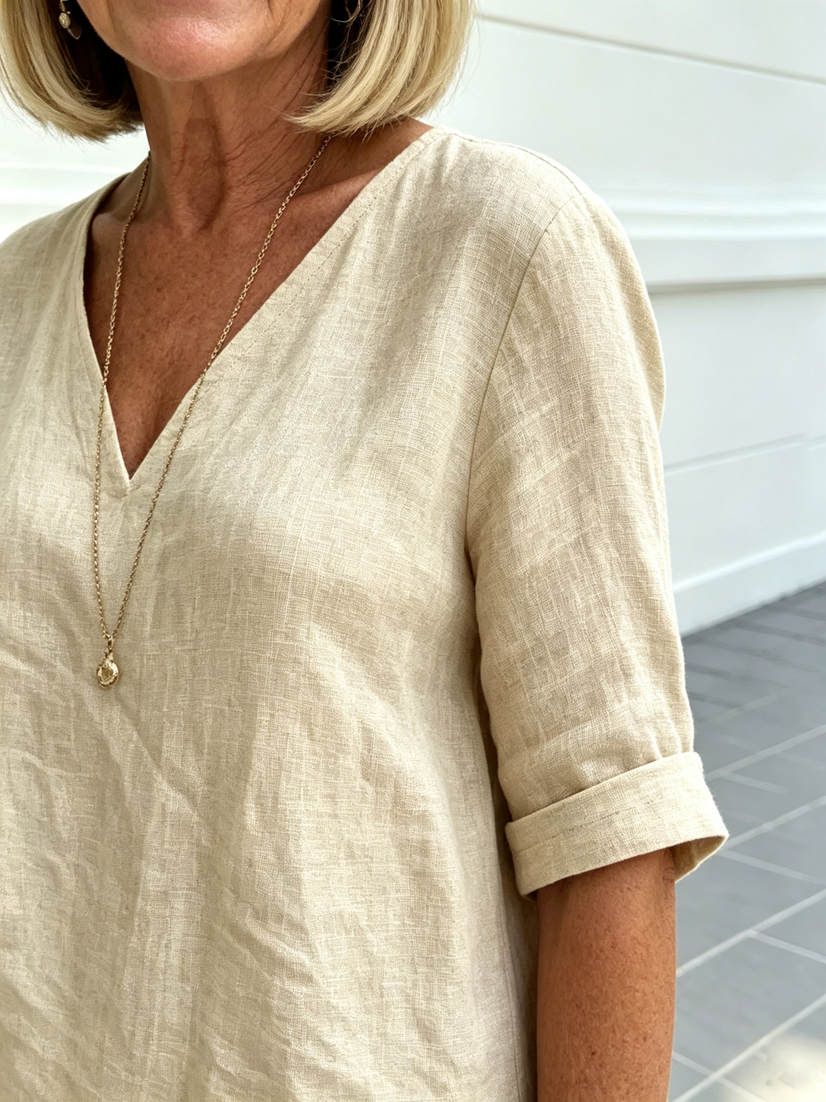 Casual Cotton and Linen Solid Color Fashion Casual Medium Sleeve V-neck Top Set