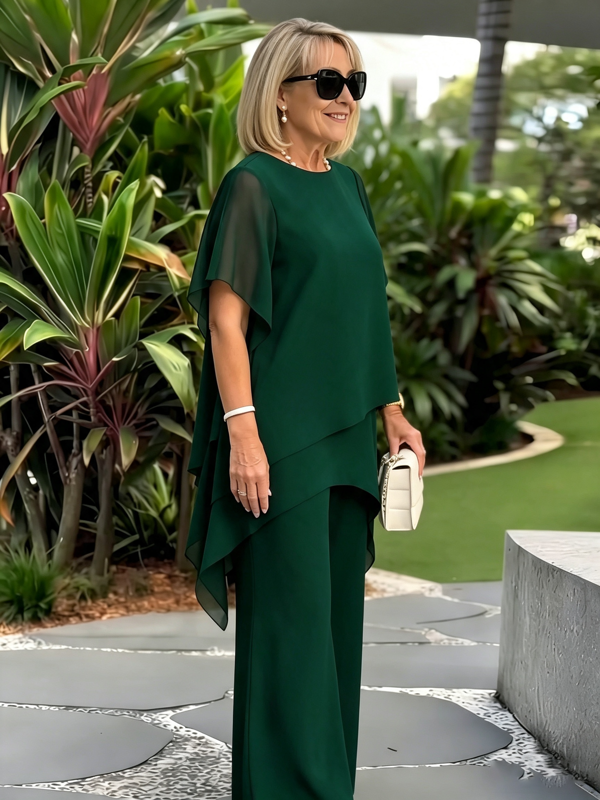 Women's 2 Piece Chiffon Pants Set, Round Neck Sheer Flutter Sleeve Asymmetric Double Layer Tunic Top & Wide Leg Trousers, Elegant Loose Matching Outfit for Wedding Guest Formal Occasions