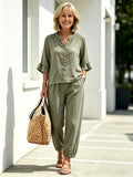 2Pcs Casual Matching Outfit Set, Mandarin Collar Half Button Top, Ruffle Edge Seven-quarter Sleeve Blouse, Solid Lightweight Textured Fabric, Elastic Waist Nine-quarter Jogger Pants with Button Hem Detail, Relaxed Loose Fit Co-Ord Suit for Daily L