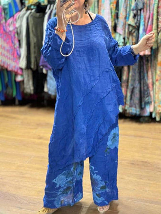 Women'S Irregular Top Print Wide-Leg Pants Suit