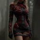 Women's Vintage Red Rose Skeleton Art Knit Mini Sweater Dress