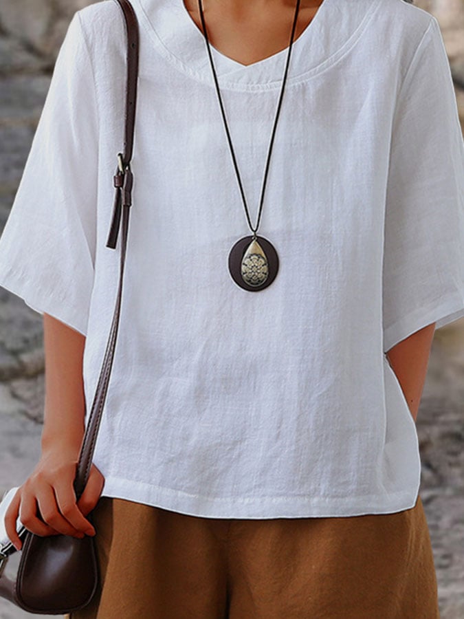 Women'S Casual Solid Color Short-Sleeved Loose Top