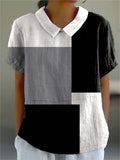 Women's Casual Color Block Pattern Lapel Short Sleeve Shirt