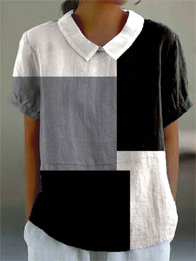 Women's Casual Color Block Pattern Lapel Short Sleeve Shirt