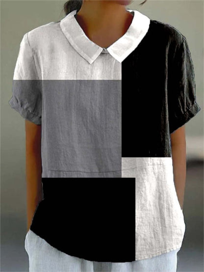 Women's Casual Color Block Pattern Lapel Short Sleeve Shirt