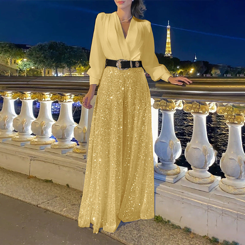 Stylish V-Neck Long Sleeve Shirt & Sequin Wide Leg Pants Set (Buy 2 Free Shipping)