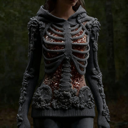 Halloween Skull Floral Knitted Warm Hooded Sweater