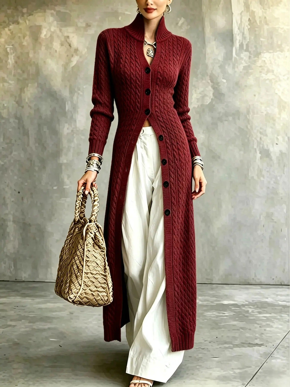 Limited time sale🔥Women's Stand Collar Single Button Cable Knit Long Cardigan