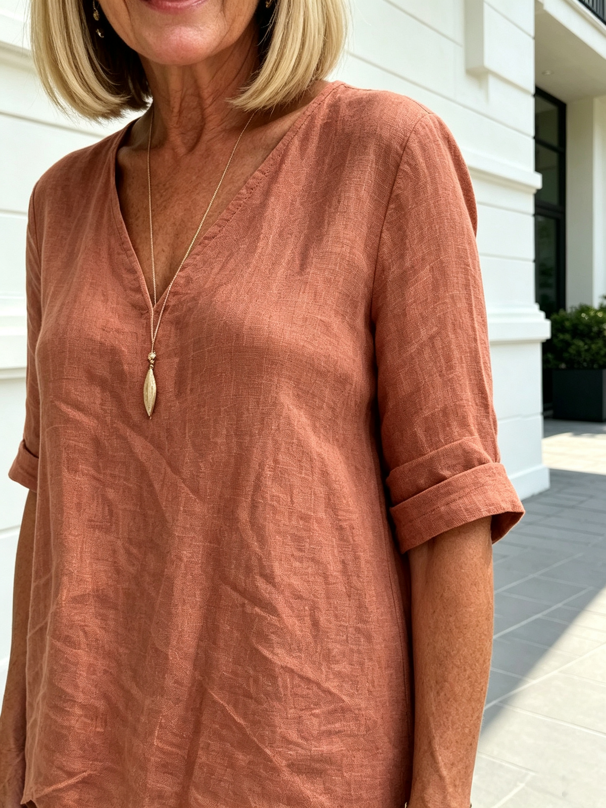 Casual Cotton and Linen Solid Color Fashion Casual Medium Sleeve V-neck Top Set