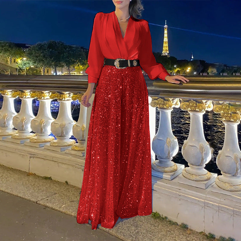 Stylish V-Neck Long Sleeve Shirt & Sequin Wide Leg Pants Set (Buy 2 Free Shipping)