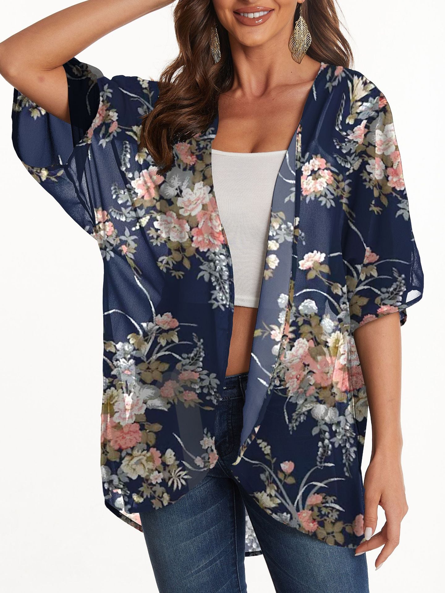 Women's Lightweight Chiffon Kimono Cardigan – Printed Sun Protection Cover-Up for Mature Style