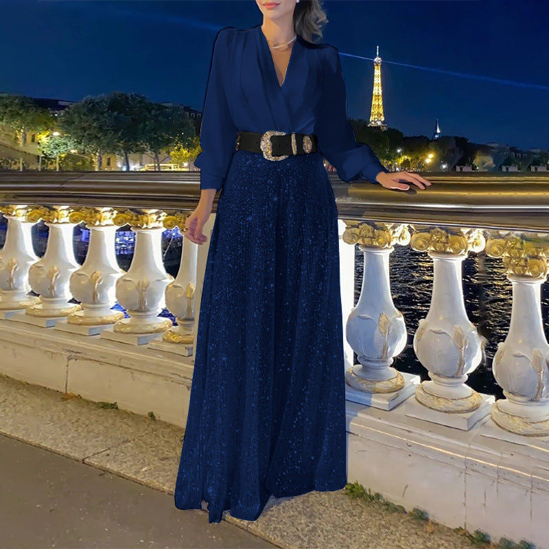 Stylish V-Neck Long Sleeve Shirt & Sequin Wide Leg Pants Set (Buy 2 Free Shipping)