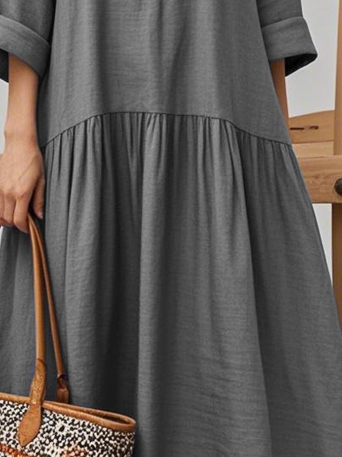 Women'S Solid Color Square Neck Retro Button A-Line Loose Holiday Dress