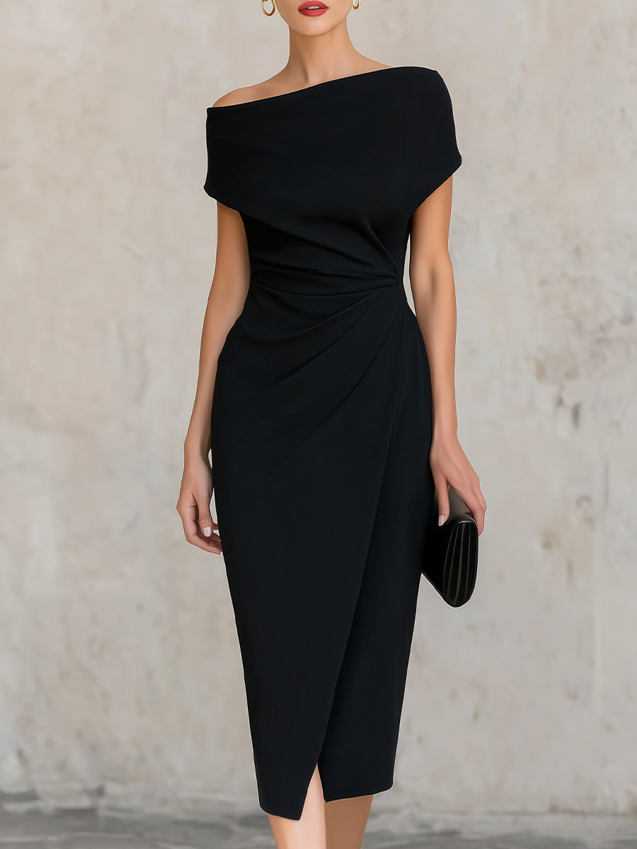 Minimalist Black Asymmetric One-Shoulder Midi Dress