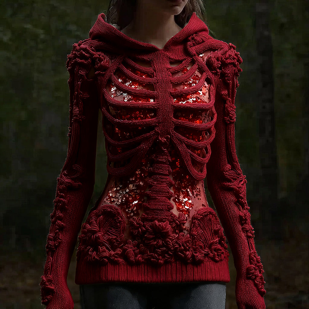 Halloween Skull Floral Knitted Warm Hooded Sweater