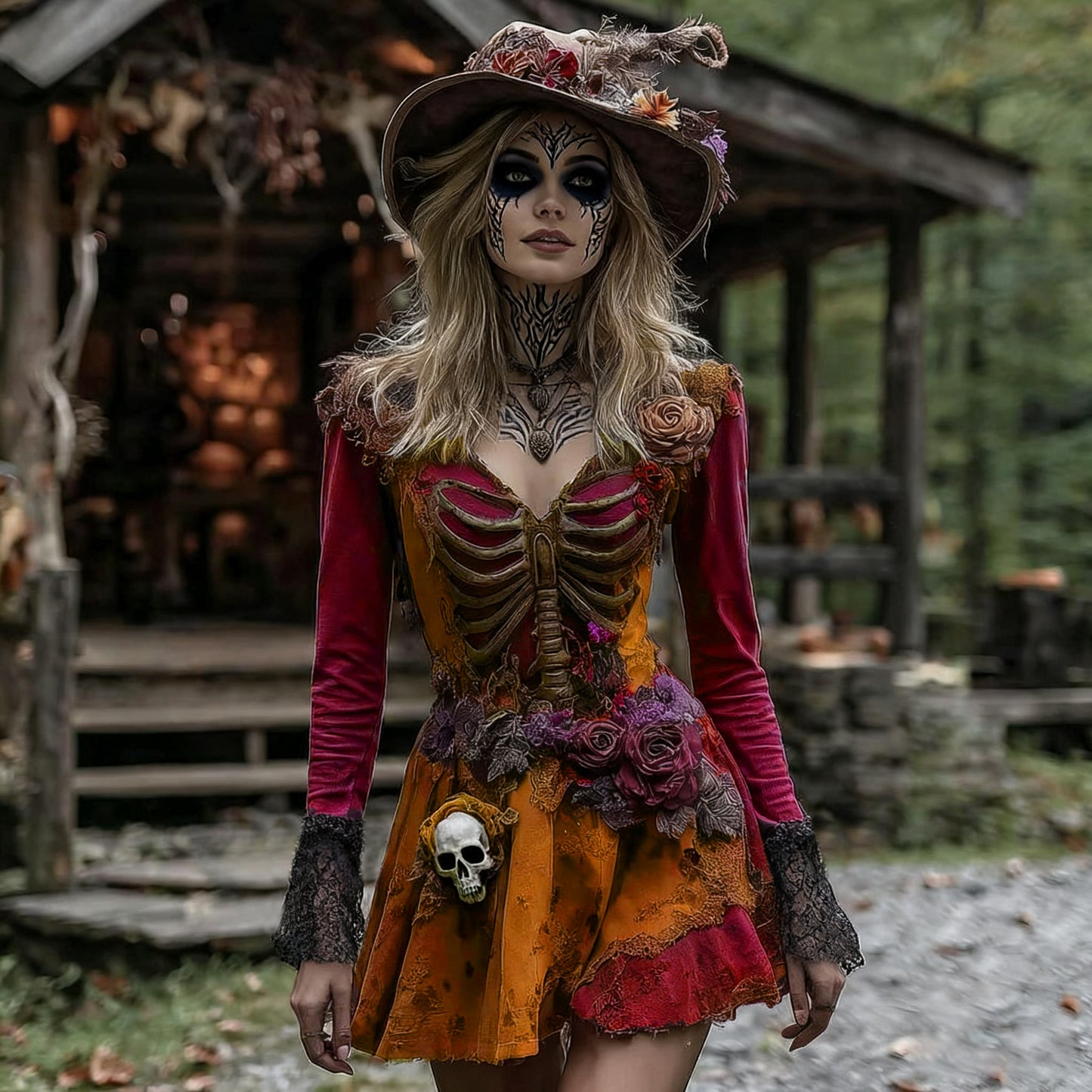 Halloween Rose Skeleton Witch Cosplay Midi Dress