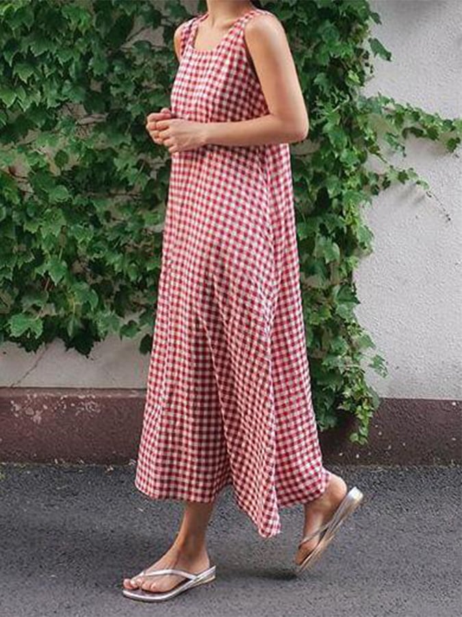 Women'S Loose Plaid Pocket Sleeveless Dress