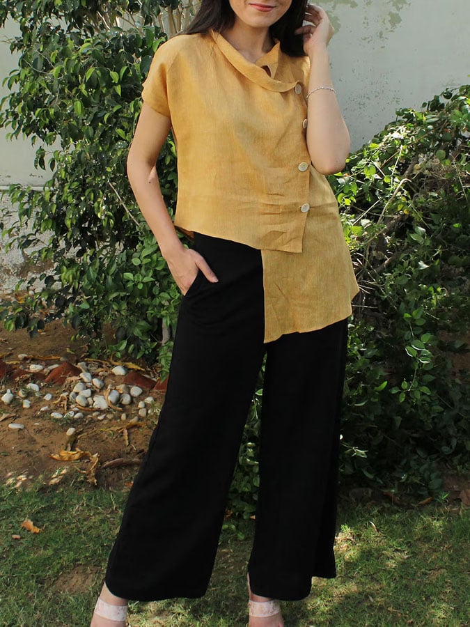 Women'S Casual Solid Color Cotton And Linen Mismatched Tops