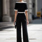 Off-Shoulder Contrast Trim Tailored Wide-Leg Jumpsuit