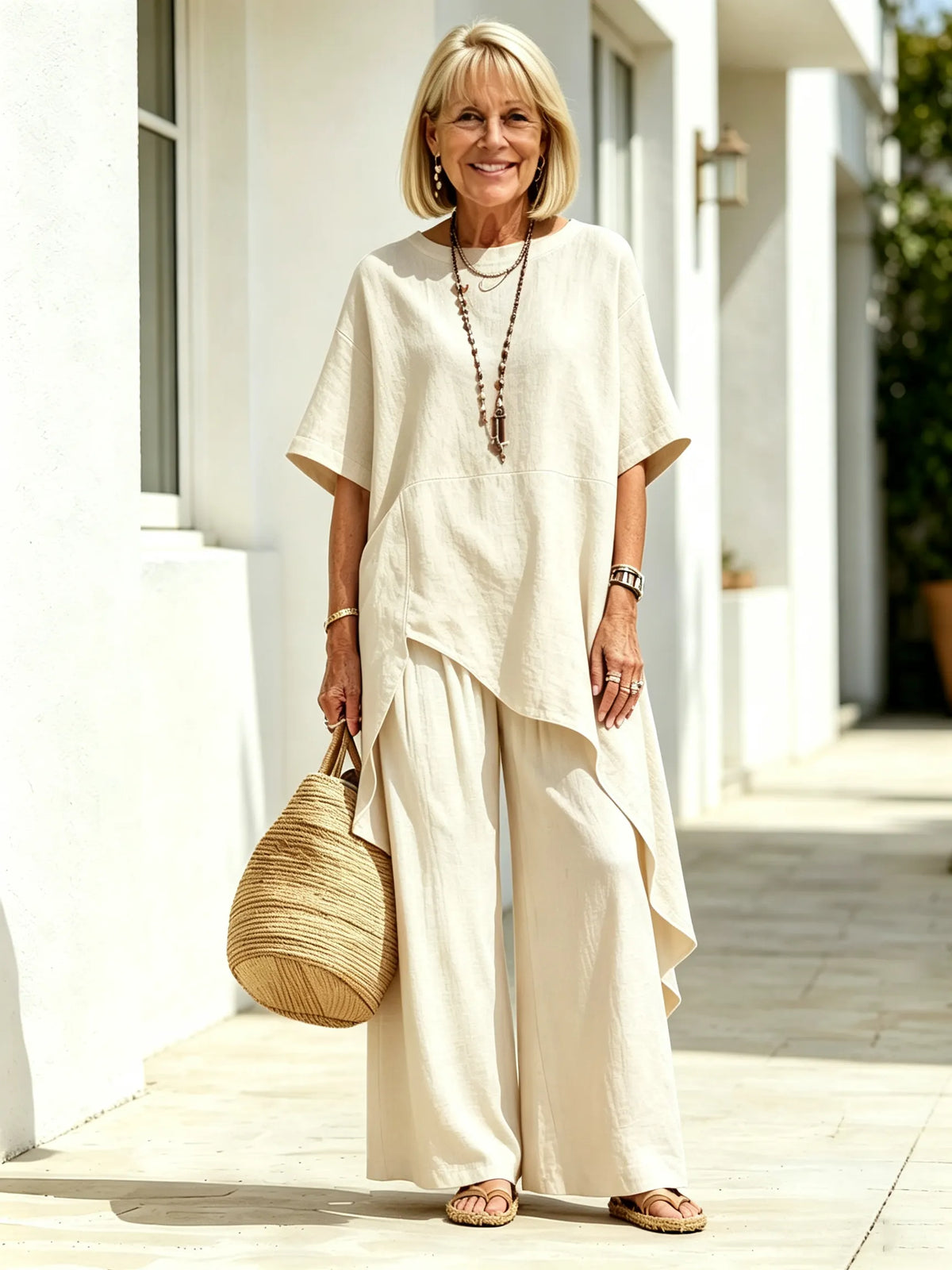 2Pcs Solid Color Cotton Linen Two-piece Outfit, Round Neck Short Sleeve Irregular Hem Tunic Top, Wide Leg Long Pants, Loose Relaxed Fit, Lightweight Breathable Fabric, Flowy Casual Coordinate Set for Daily, Holiday and Outdoor Occasions