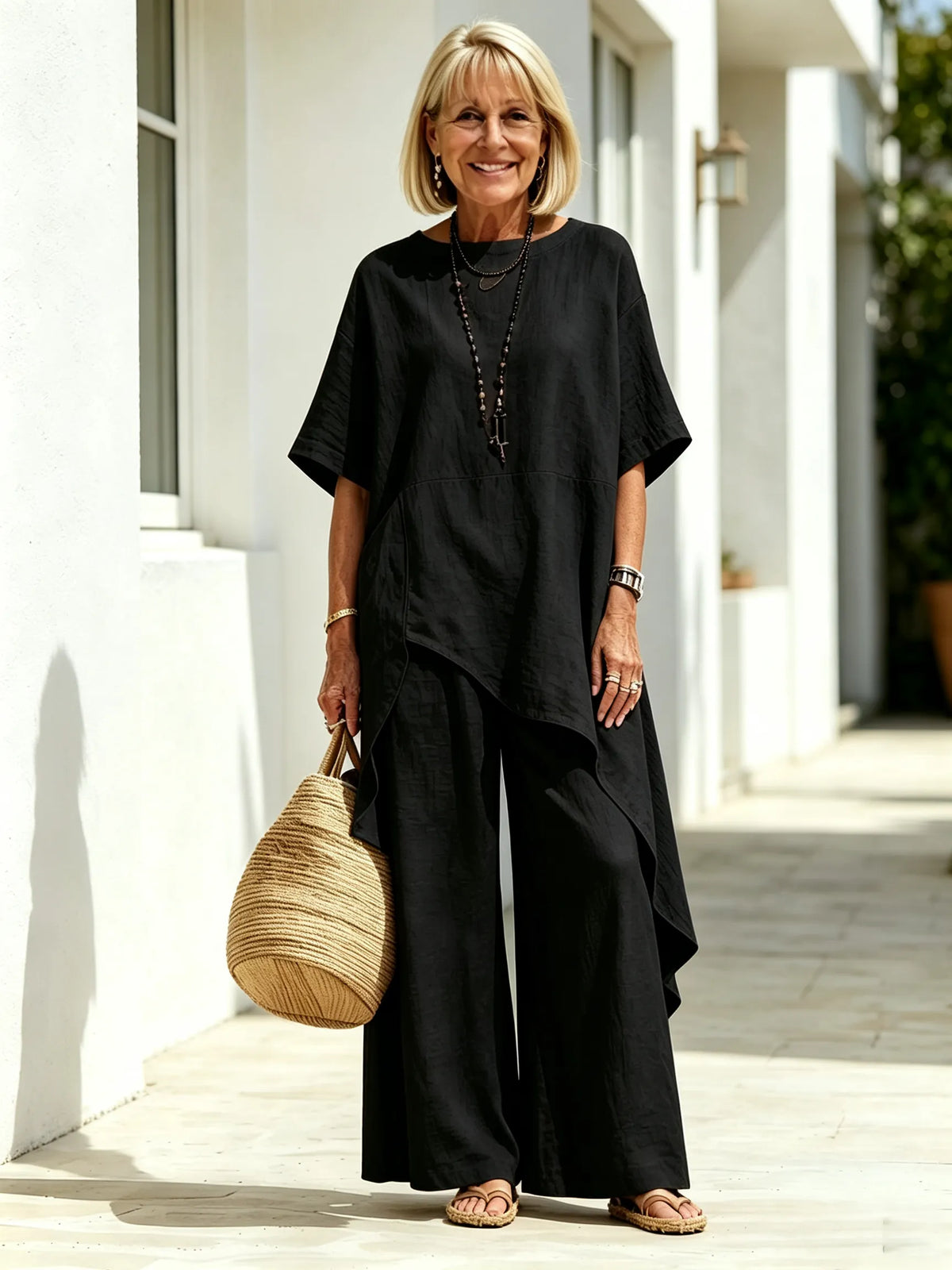 2Pcs Solid Color Cotton Linen Two-piece Outfit, Round Neck Short Sleeve Irregular Hem Tunic Top, Wide Leg Long Pants, Loose Relaxed Fit, Lightweight Breathable Fabric, Flowy Casual Coordinate Set for Daily, Holiday and Outdoor Occasions