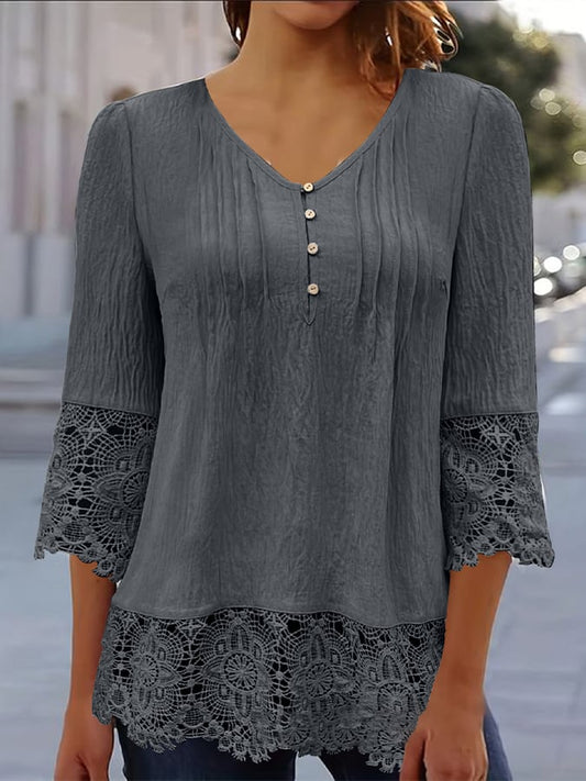 Women'S Casual Solid Color Lace Sleeve Top