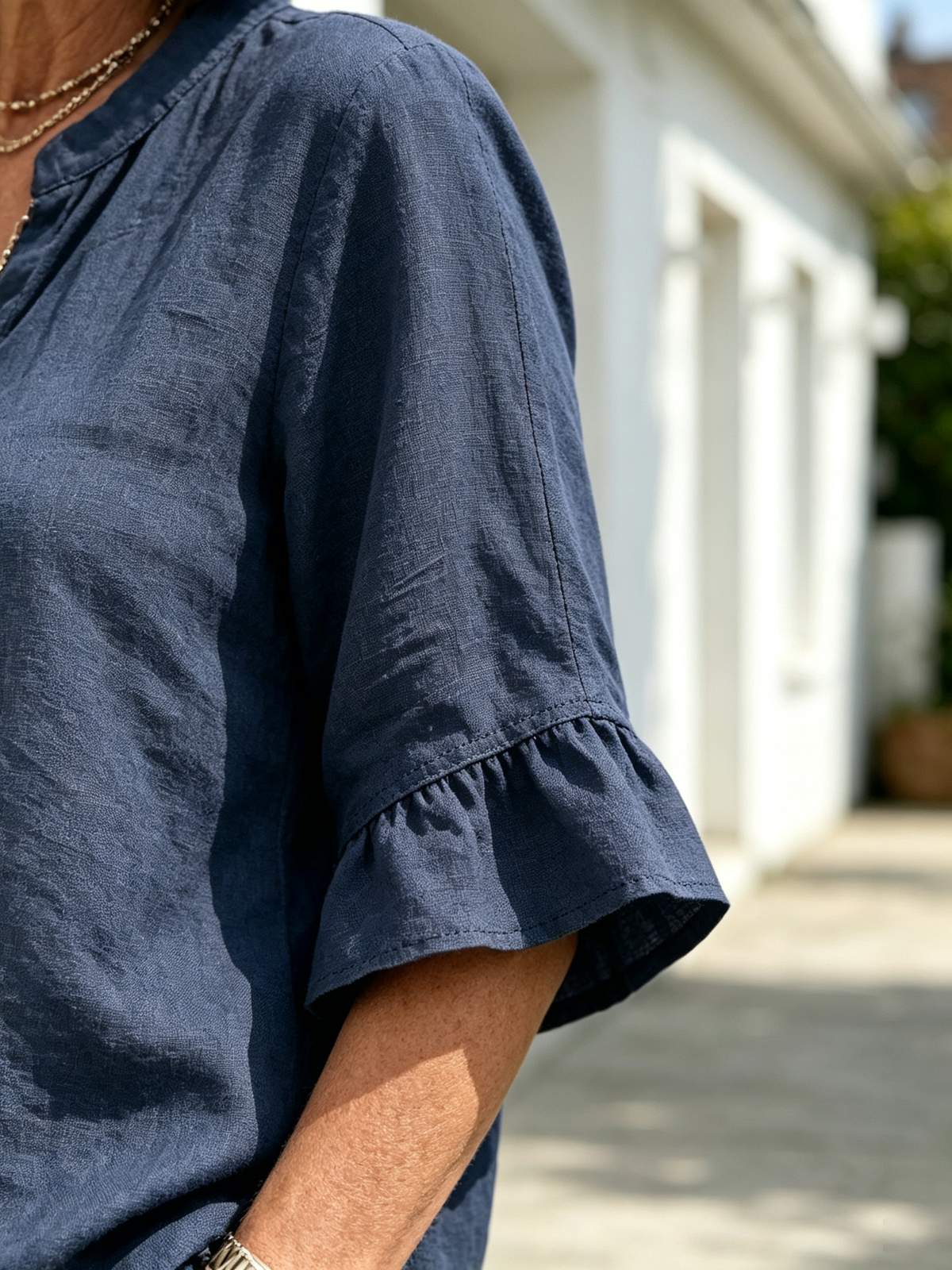2Pcs Casual Matching Outfit Set, Mandarin Collar Half Button Top, Ruffle Edge Seven-quarter Sleeve Blouse, Solid Lightweight Textured Fabric, Elastic Waist Nine-quarter Jogger Pants with Button Hem Detail, Relaxed Loose Fit Co-Ord Suit for Daily L