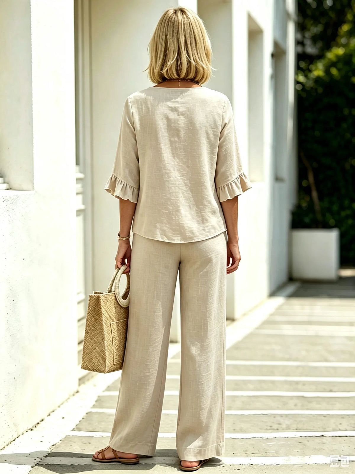 Women's Casual Button V-Neck Ruffle Women Summer Linen Two-Piece Outfit Set, V-Neck Wooden Button Front Ruffle 3/4 Sleeve Loose Casual Top & Matching Wide Leg Long Pants, Lightweight Breathable Textured Fabric High-End Seven-Sleeve Linen Top Two-piece Set