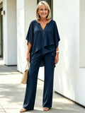 2Pcs Chiffon Bat Half-sleeve Temperament Elegant Women's Casual V-neck Two-piece Set