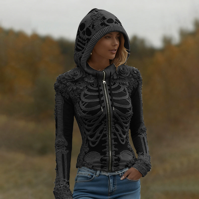 Women's Halloween Skeleton Bones With Roses Art Knitted Warm Zipper Hooded Sweater
