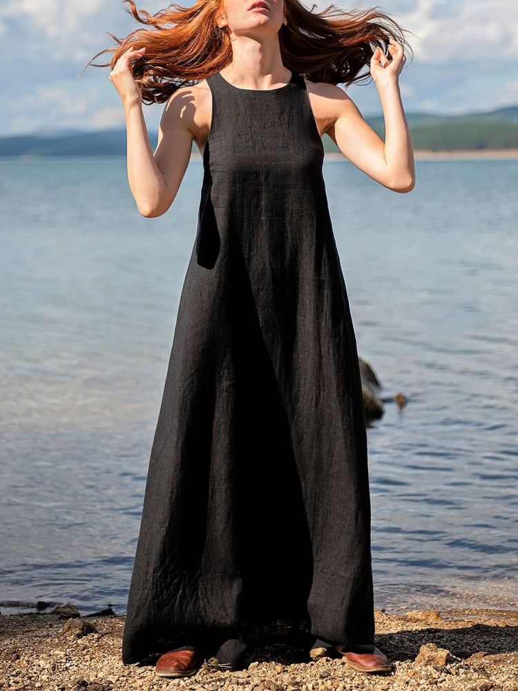 Women's Casual Solid Color Sleeveless Linen Long Dress