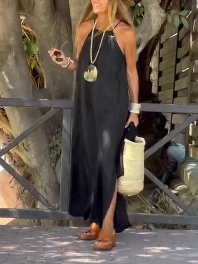 Women'S Casual Cotton And Linen Suspender Maxi Dress