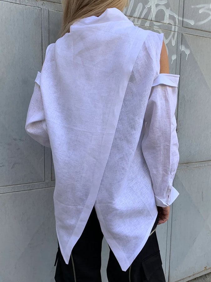 Women's Casual Solid Color Long Sleeve Irregular Hem Cotton Shirt