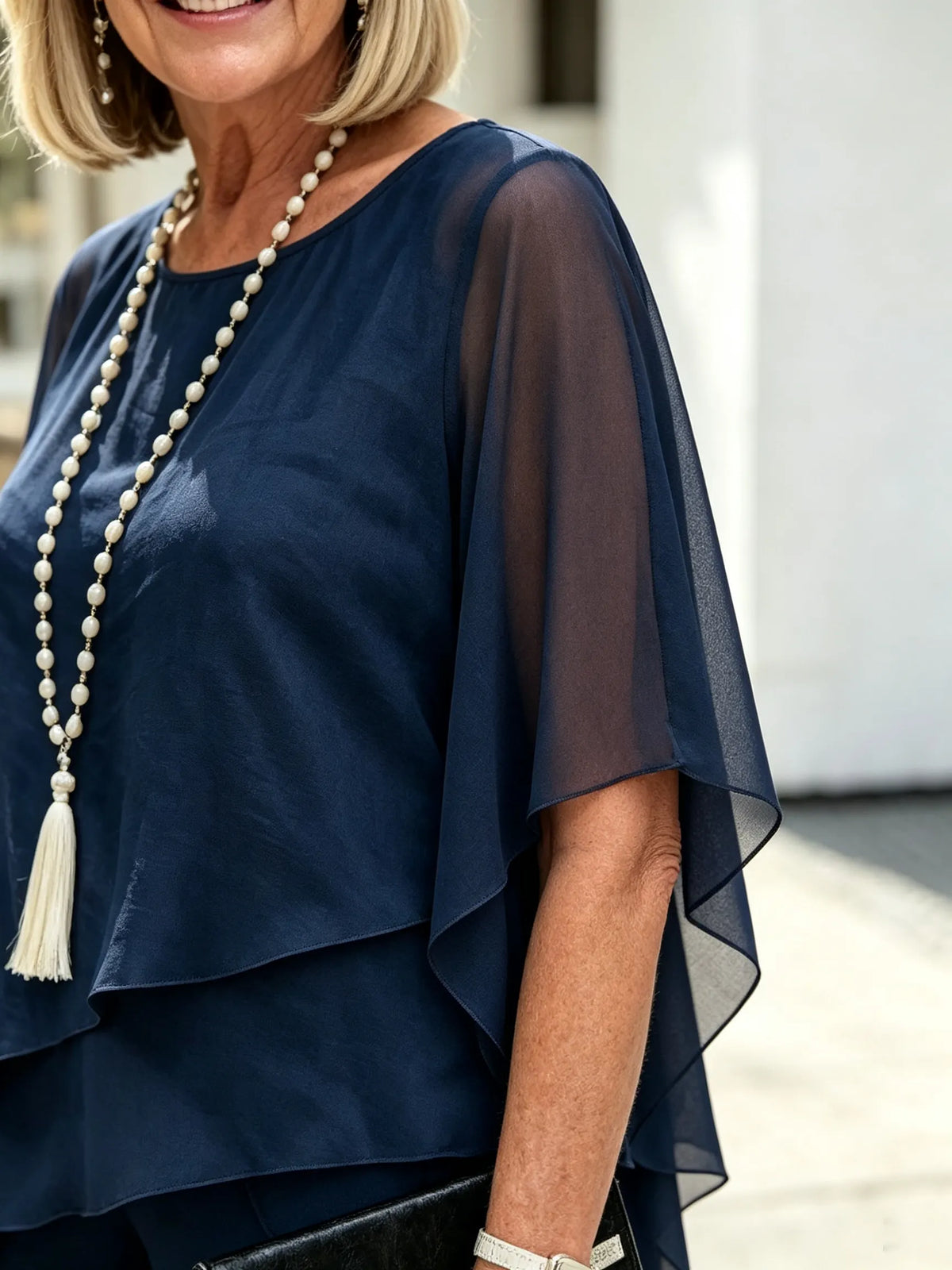 2 Piece Pant Set, Round Neck Keyhole Cutout Chiffon Cape Top, Irregular Layered Hem, Loose Flowy Batwing Sleeves, High Waist Straight Wide Leg Trousers, Lightweight Sheer Fabric, Elegant Outfit Set for Wedding Guest and Formal Occasions