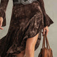 High-neck Long-sleeved Bell Sleeves Velvet Midi Dress