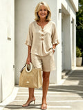 Women Solid Color Casual Shorts Two-Piece Pants Set, Woven Textured Faux Linen Matching Outfit, V-Neck Single Row Wooden Button Blouse With Ruffle Flared 5/7 Length Flutter Sleeves, Loose Relaxed Fit Elastic Waist Knee-Length Bermuda Three Point Shorts Wi