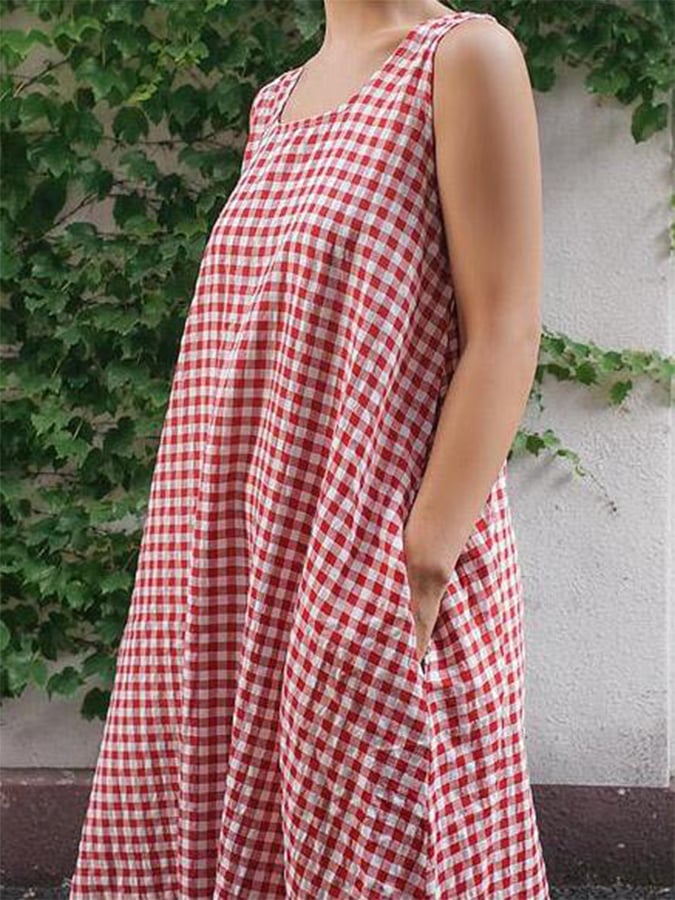 Women'S Loose Plaid Pocket Sleeveless Dress